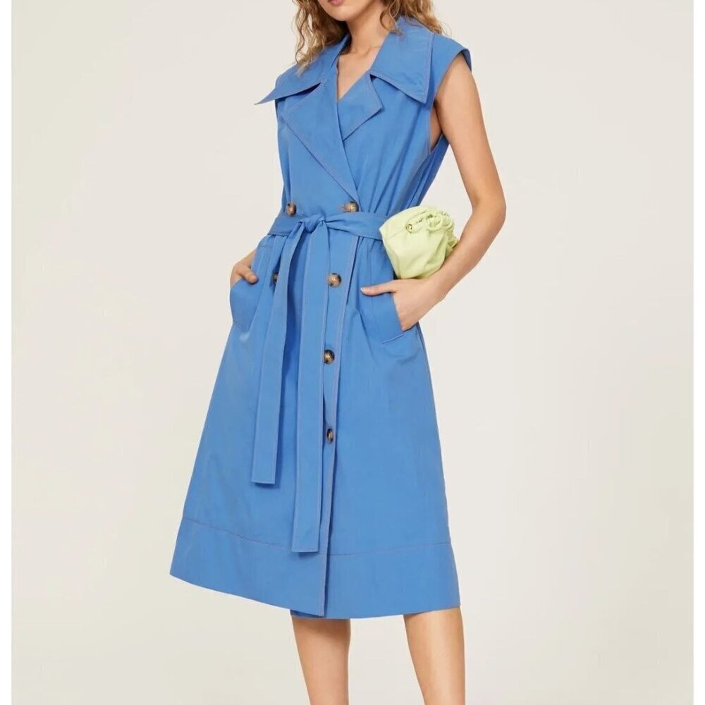 Rejina Pyo Astrid Trench Cornflower Blue Double Breast Sleeveless Midi Dress